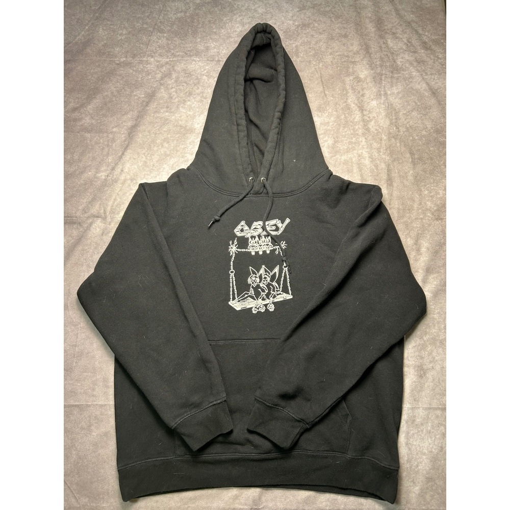 Obey Hoodie Mens Large Black Graphic Pullover Sweatshirt Streetwear Skate